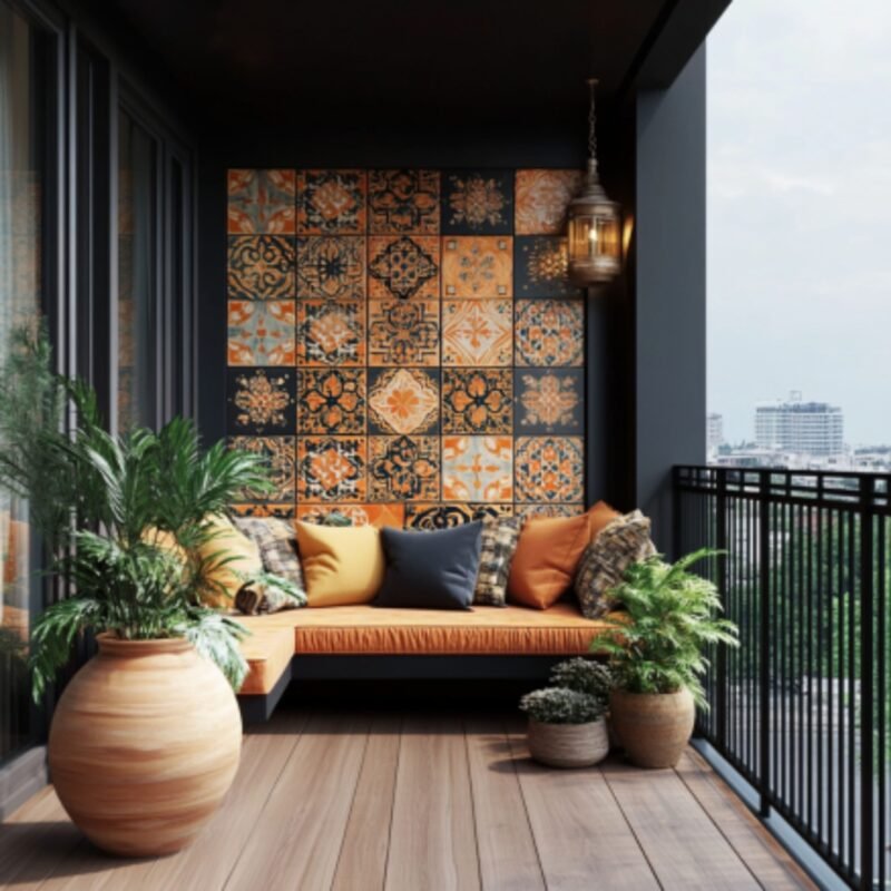 Bohemian Balcony Design With Patterned Tiles and Built-in Seating