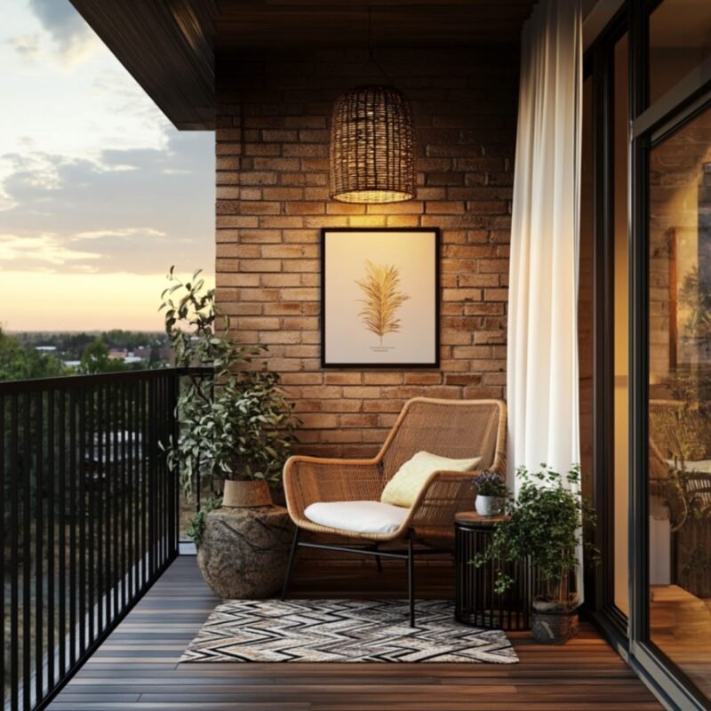 Rustic Balcony Design with Exposed Brick Wall and Cozy Rattan Furniture