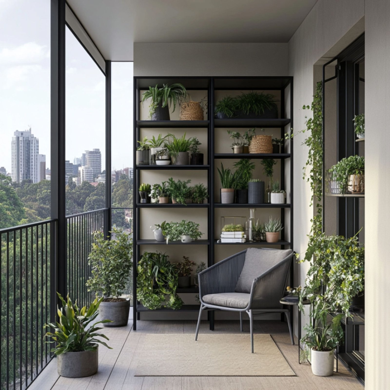 Modern Balcony Design with Black Metal Shelving and Glass Railings