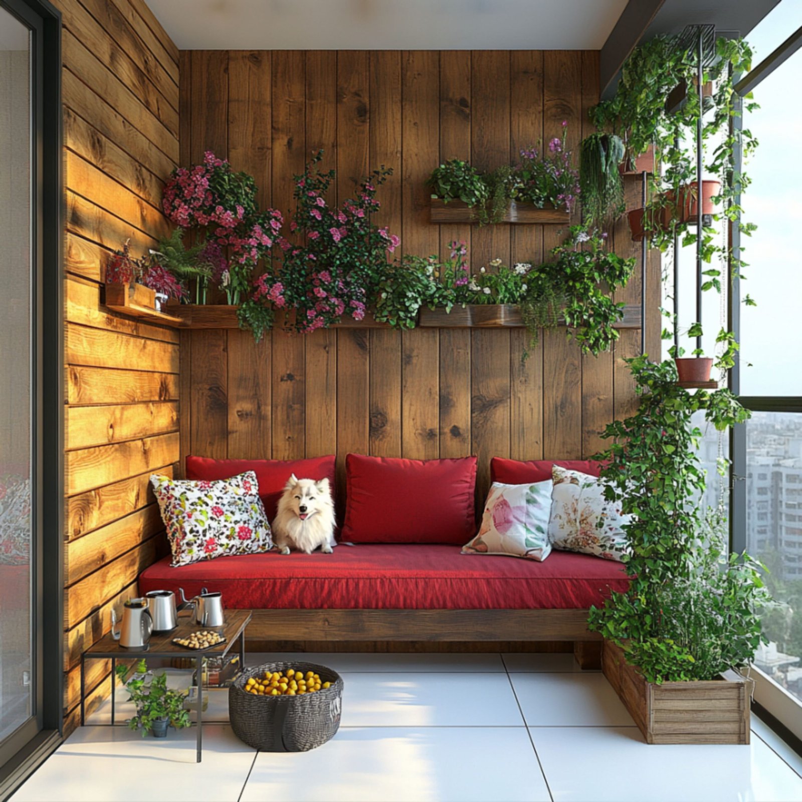 Rustic Balcony Design With Wooden Green Wall and Bench