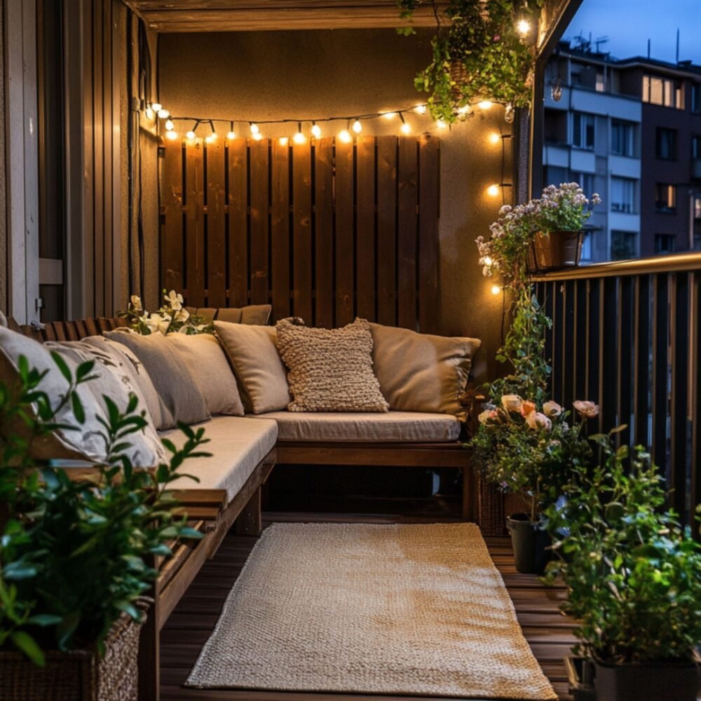 Rustic Balcony Design With Slatted Wall, Lights, and Built-in Seating