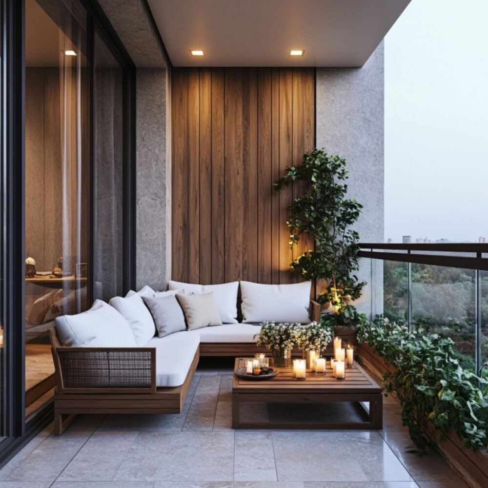 Modern Balcony Design with Panelled Wall and White Cushions