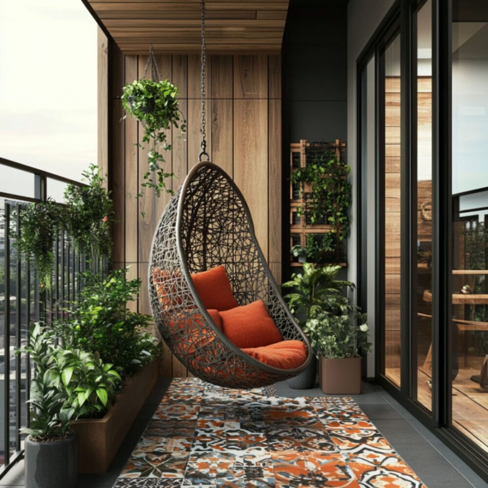 Bohemian Balcony Design With Egg Chair and Vertical Wood Plant Wall