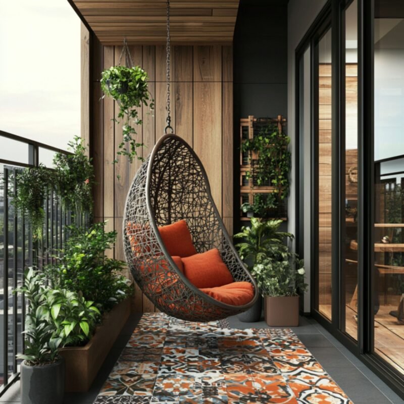 Bohemian Balcony Design With Egg Chair and Vertical Wood Plant Wall