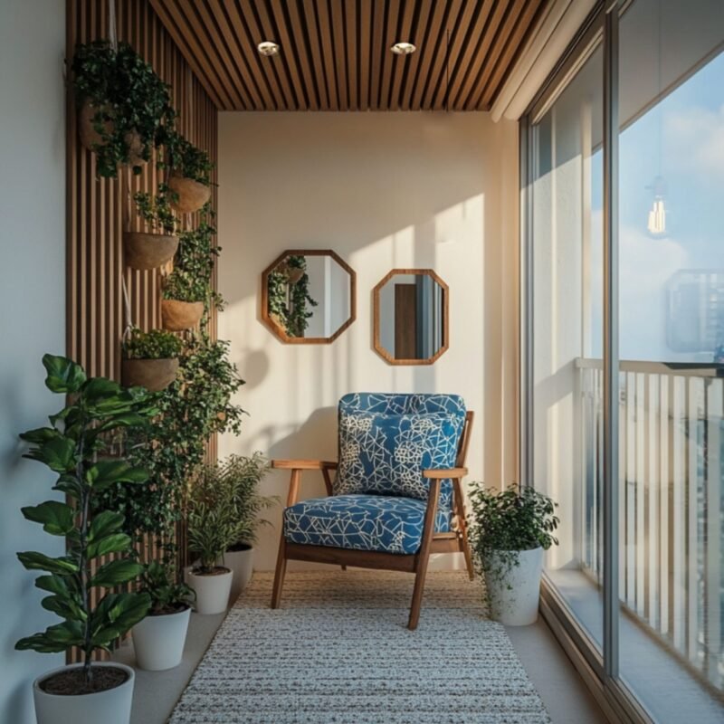Modern Balcony Design With Wooden Paneling and Hanging Planters