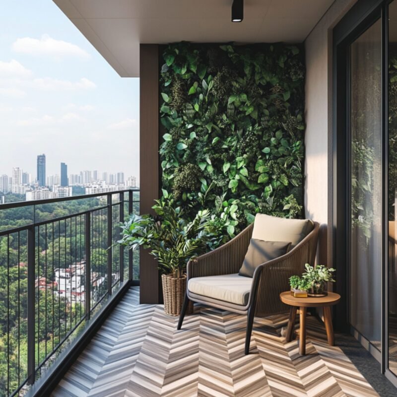Contemporary Balcony Design With Vertical Garden and Chevron Wood Flooring