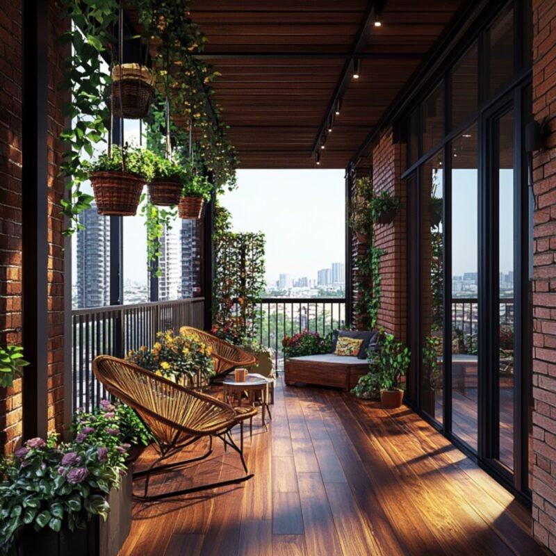 Rustic Balcony Design With Basket Planters and Natural Wood Flooring