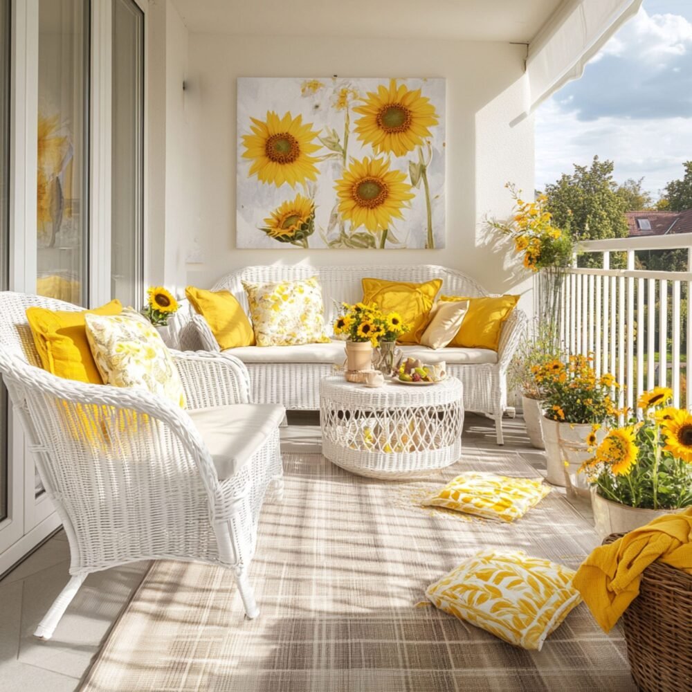 Modern Balcony Design with Wicker Seating and Sunflower Accents