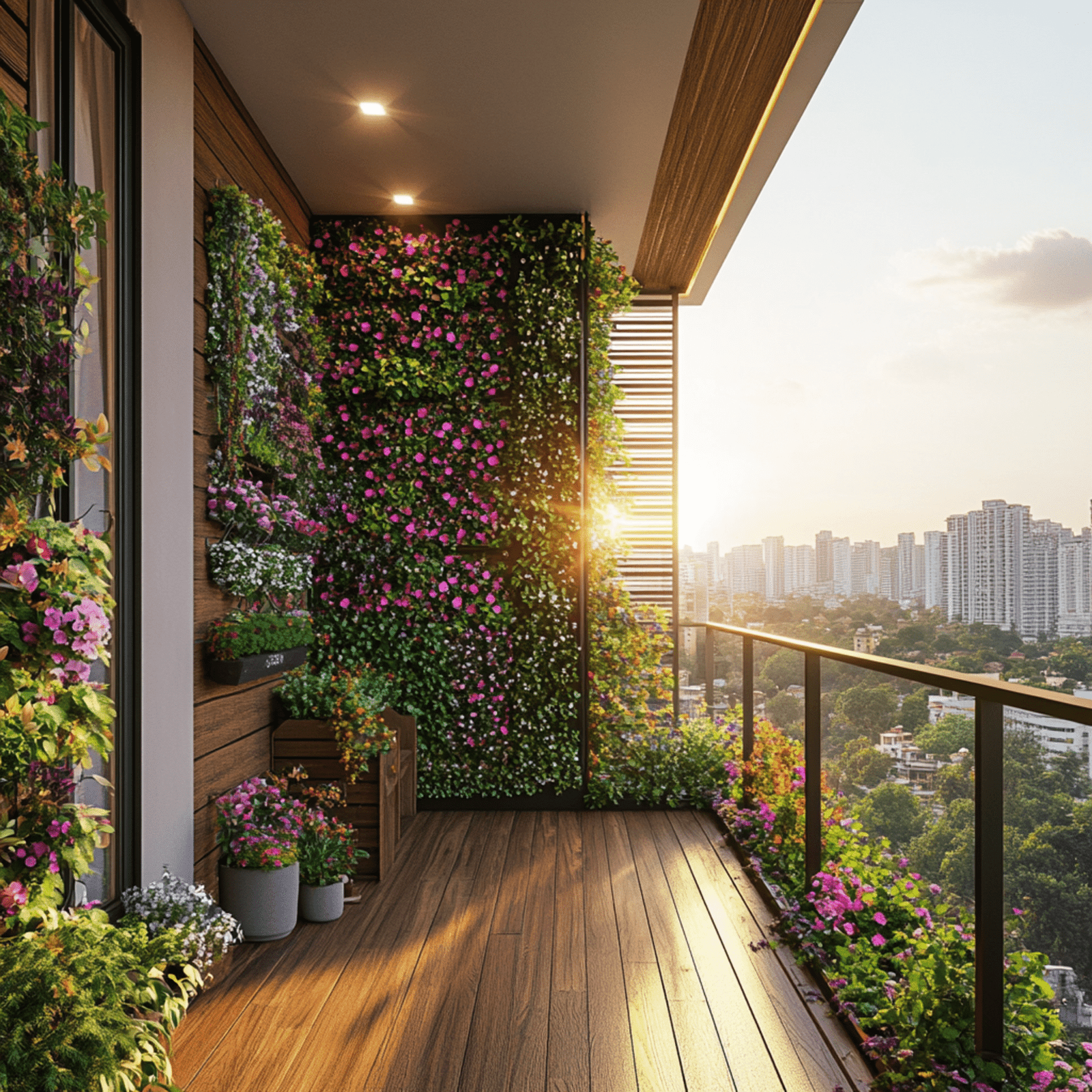 Bohemian Balcony Design with Wooden Panels and Vertical Garden