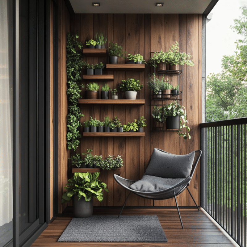 Modern Balcony Design with Vertical Plank Wall and Plants