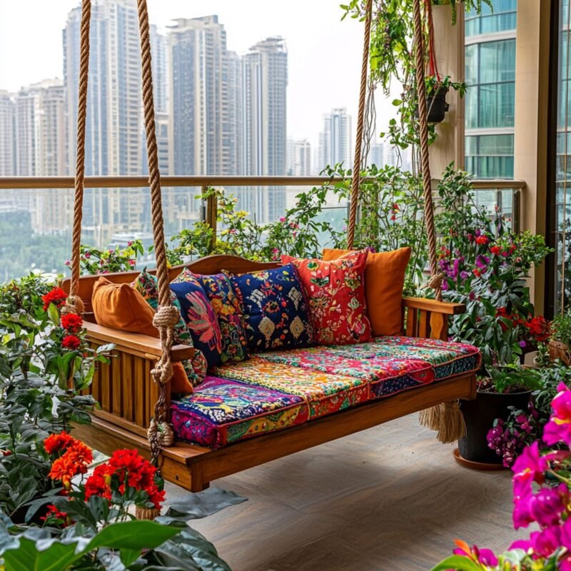 Modern Balcony Design with Wooden Swing and Greenery