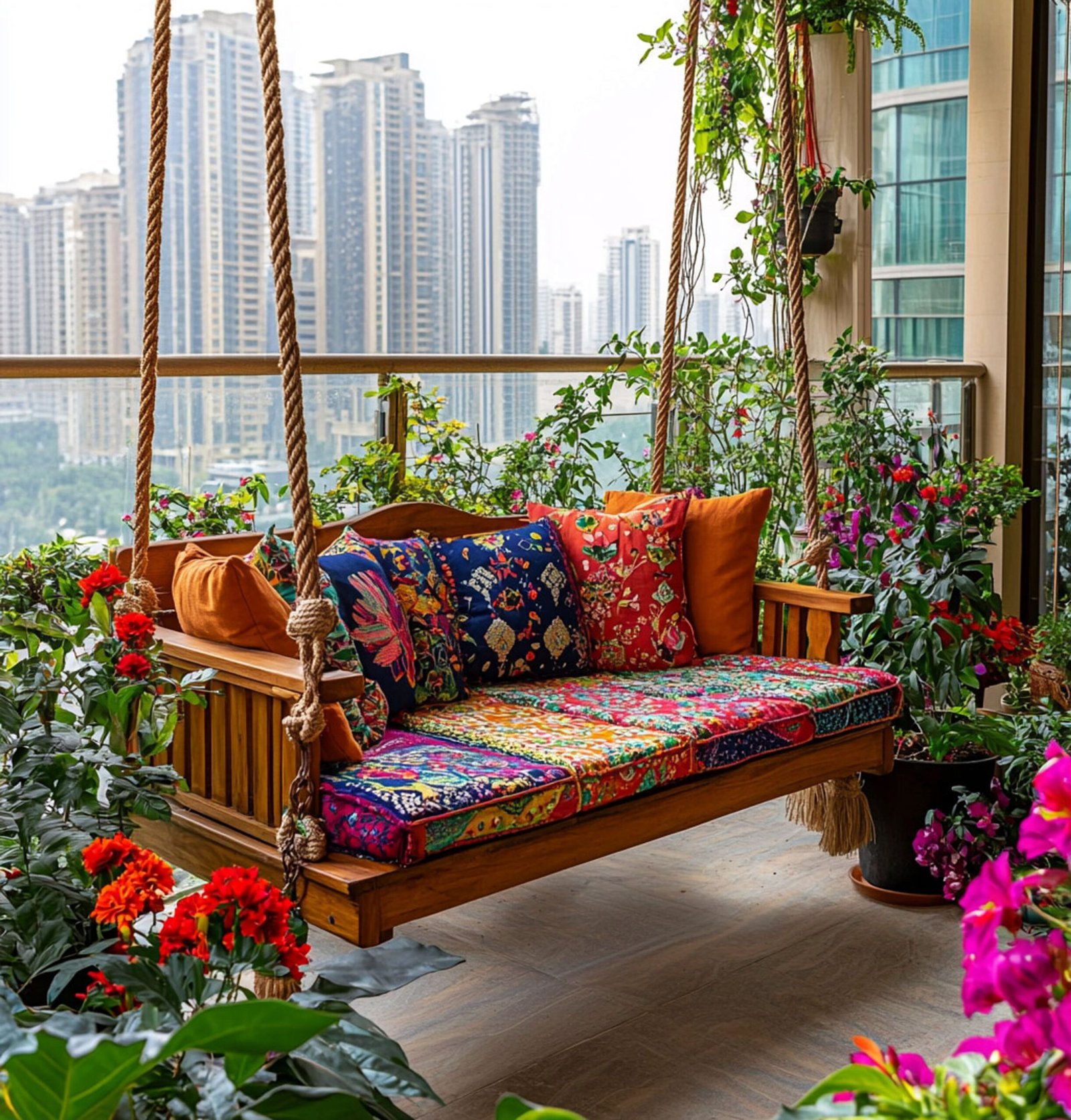 Modern Balcony Design with Wooden Swing and Greenery