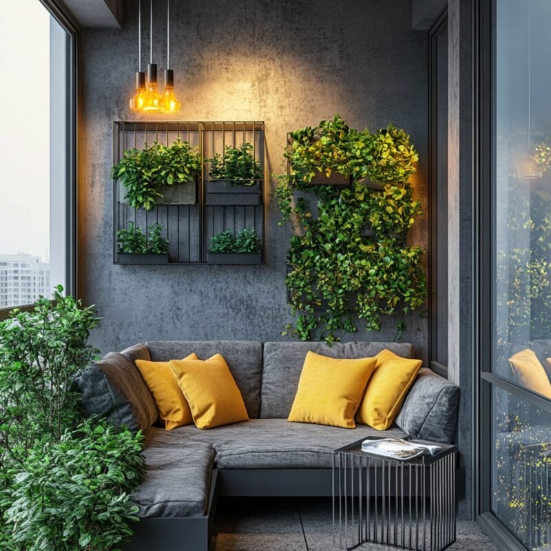 Modern Balcony Design with Vertical Garden and Sectional Sofa