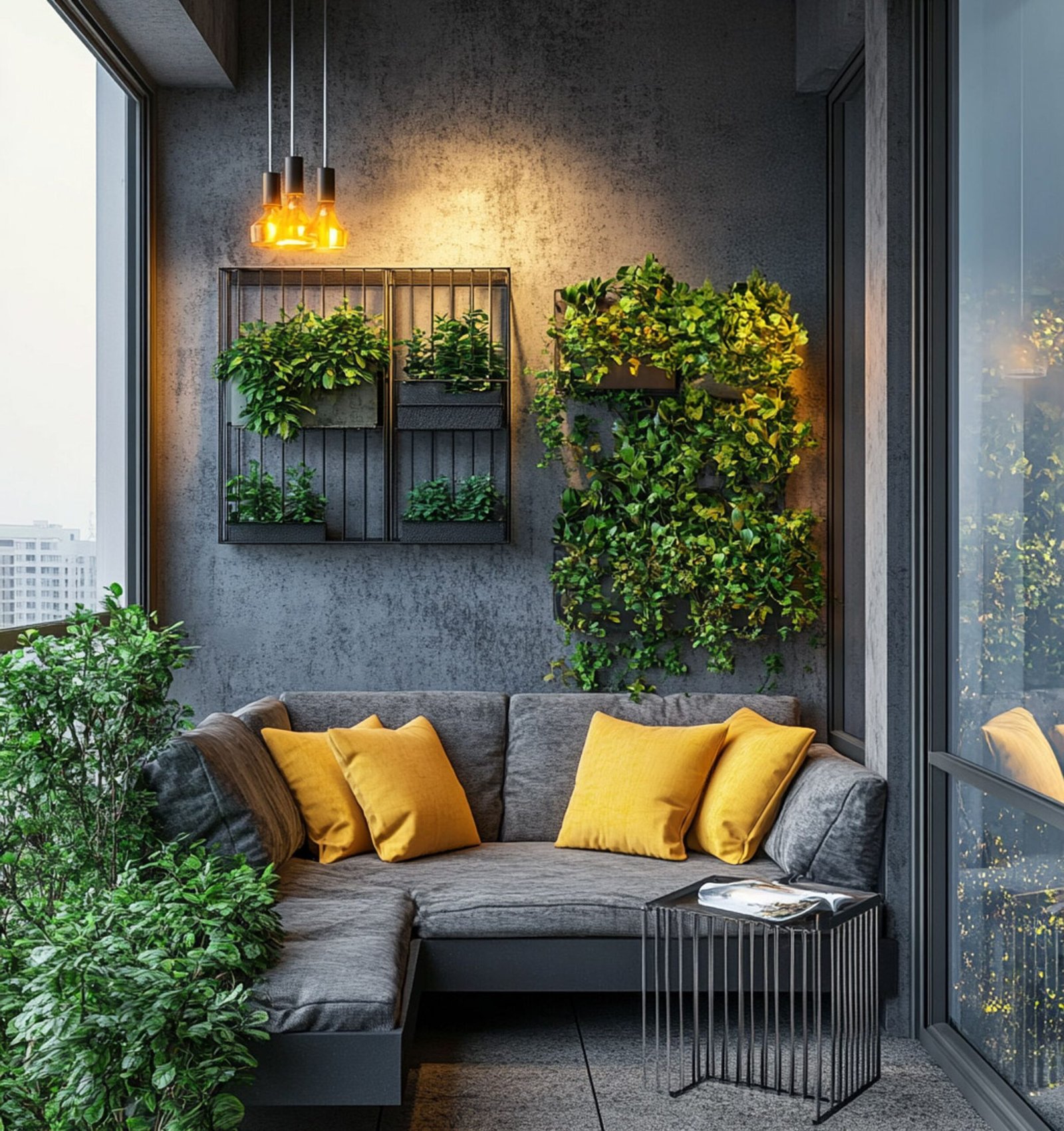 Modern Balcony Design with Vertical Garden and Sectional Sofa