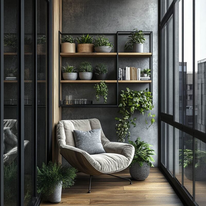 Industrial Balcony Design With Dark Grey Wall and Wooden Slats