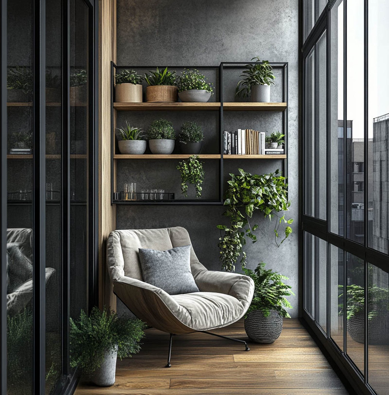 Industrial Balcony Design With Dark Grey Wall and Wooden Slats