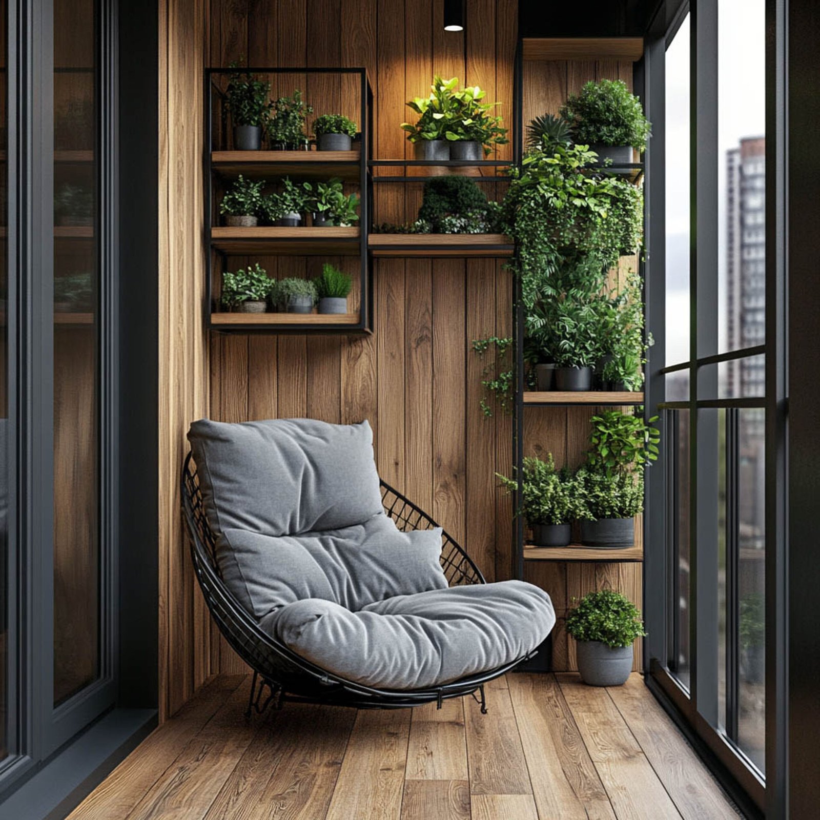 Modern Balcony Design With Warm Wood Panel Wall and Floor