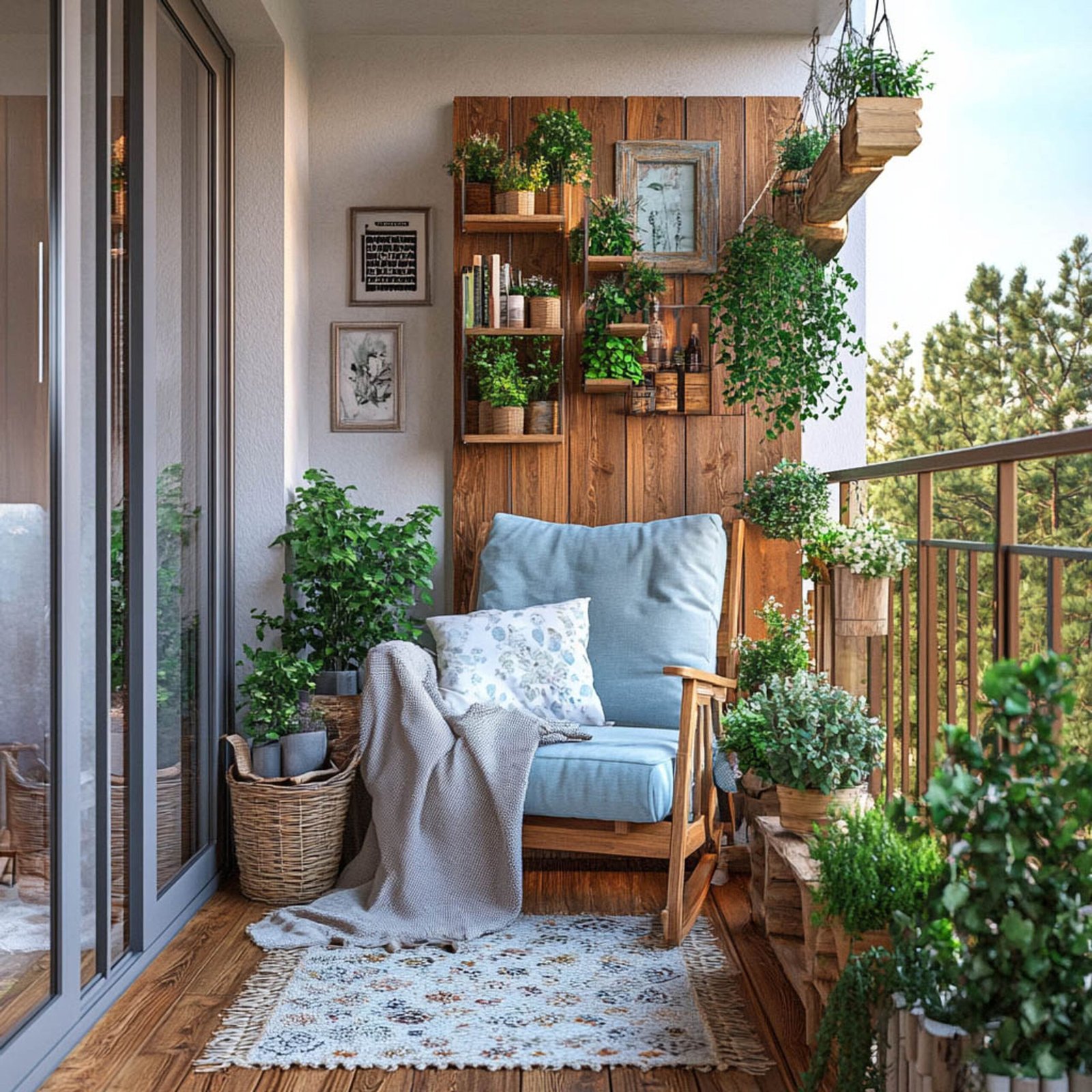 Modern Balcony Design With Wooden Wall And Hanging Plants