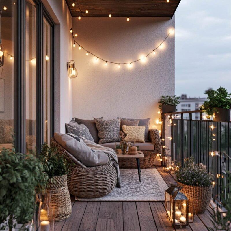 Contemporary Balcony Design With String Lights And Comfortable Seating