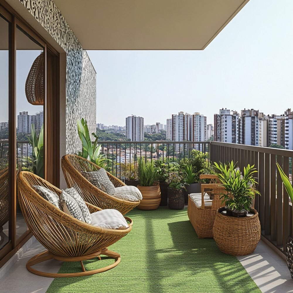 Contemporary Balcony Design With Two Egg Shaped Wicker Chairs