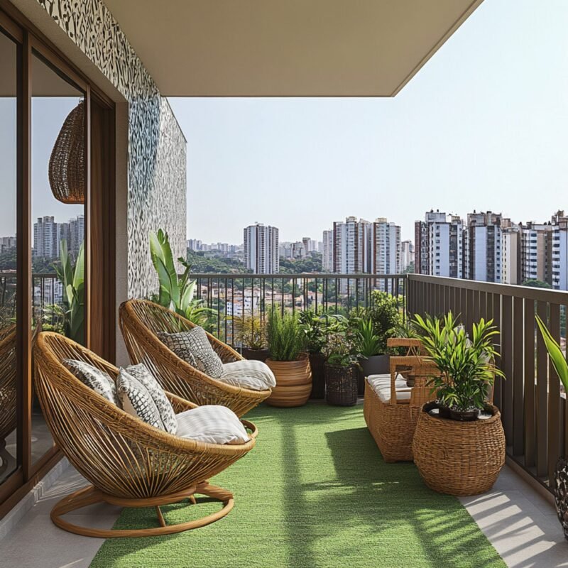 Contemporary Balcony Design With Two Egg Shaped Wicker Chairs