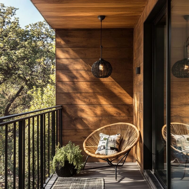 Industrial-Style Balcony Design with Wooden Wall Panels