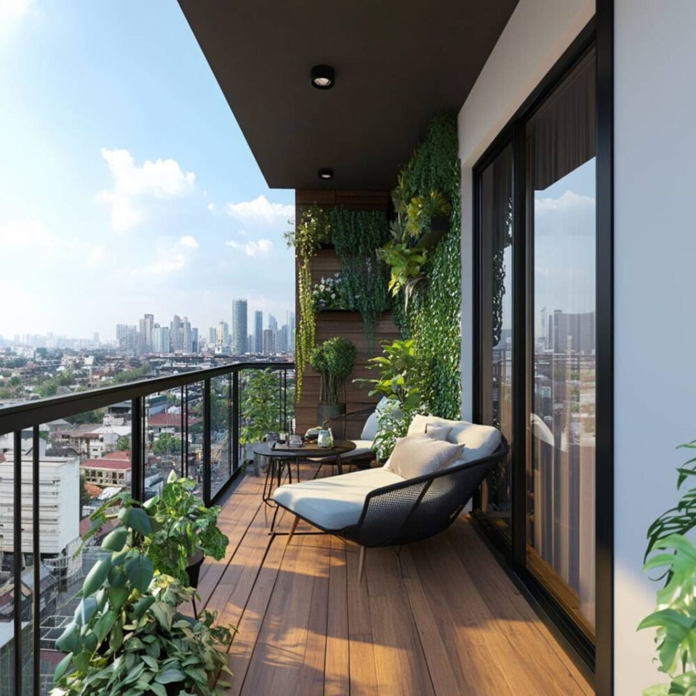 Modern Balcony Design with Wooden Panel and Vertical Garden