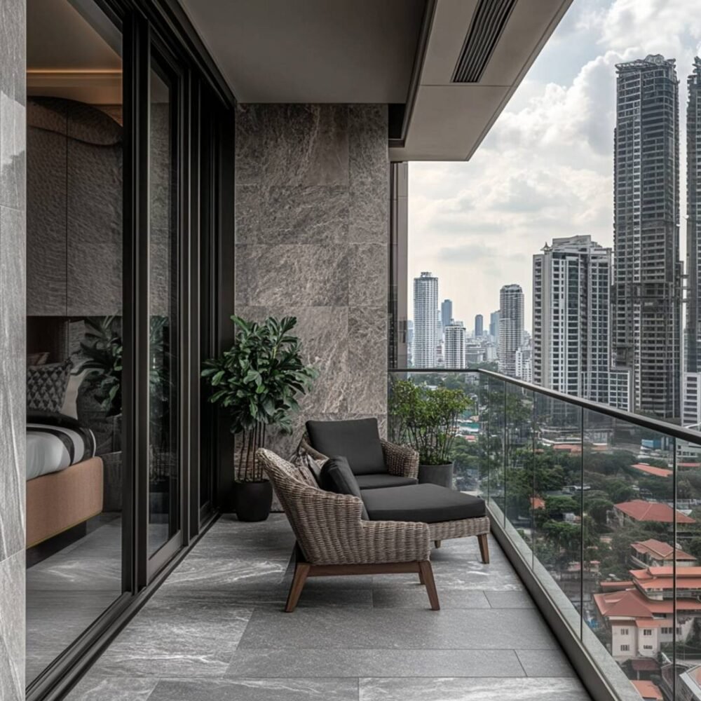 Rustic Balcony Design with Elegant Stone Cladding Wall Feature