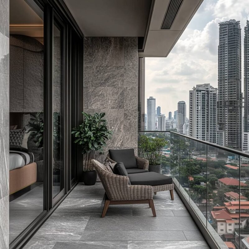 Rustic Balcony Design with Elegant Stone Cladding Wall Feature