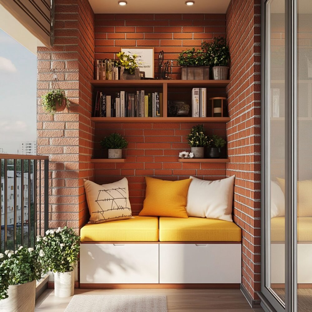 Rustic Balcony Design With Yellow Cushioned Bench and Brick Wall