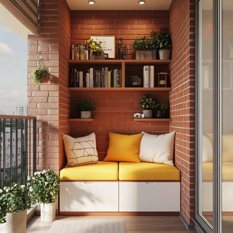 Rustic Balcony Design With Yellow Cushioned Bench and Brick Wall