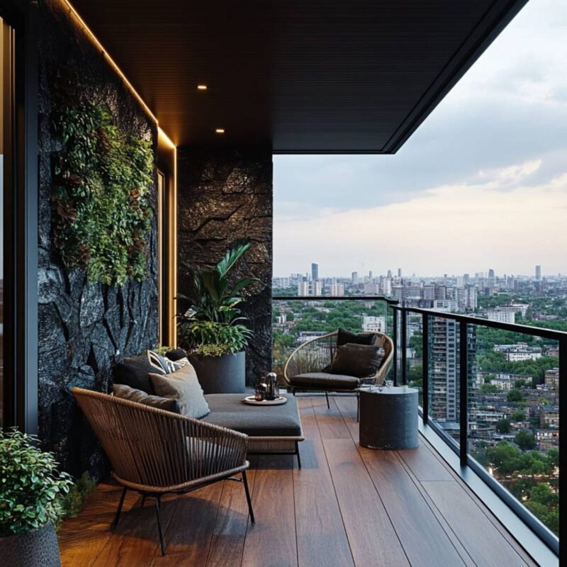 Modern Balcony Design with Wooden Panel Groove Wall Feature