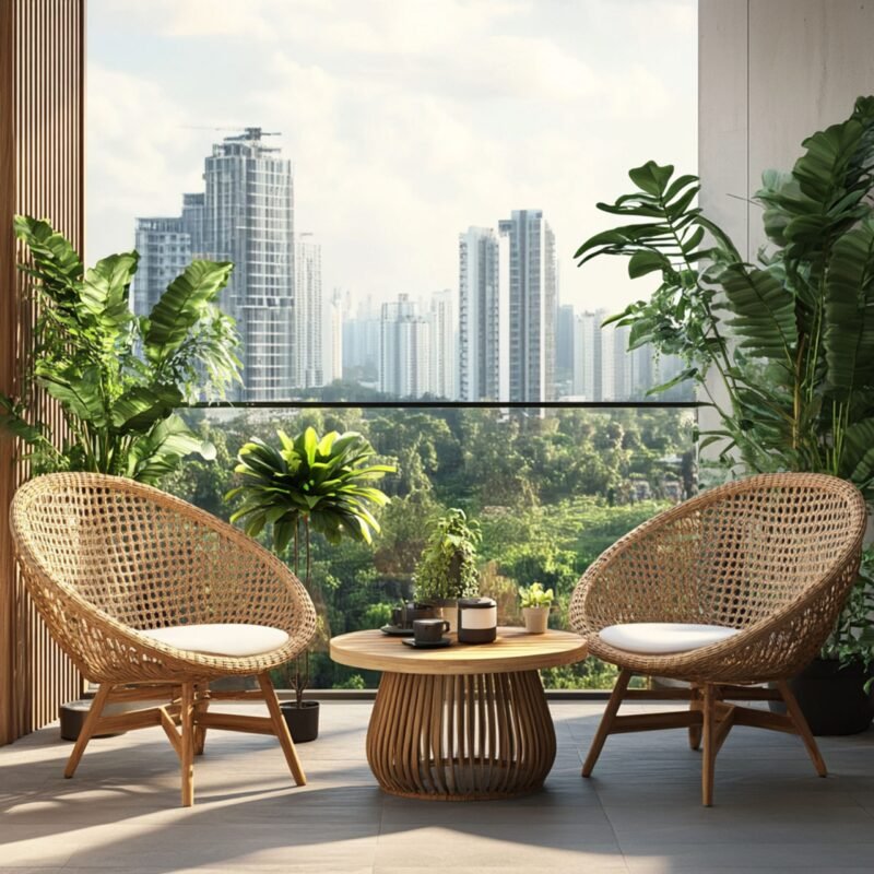 Contemporary Balcony Design With Tropical Vibes and Glass Railing
