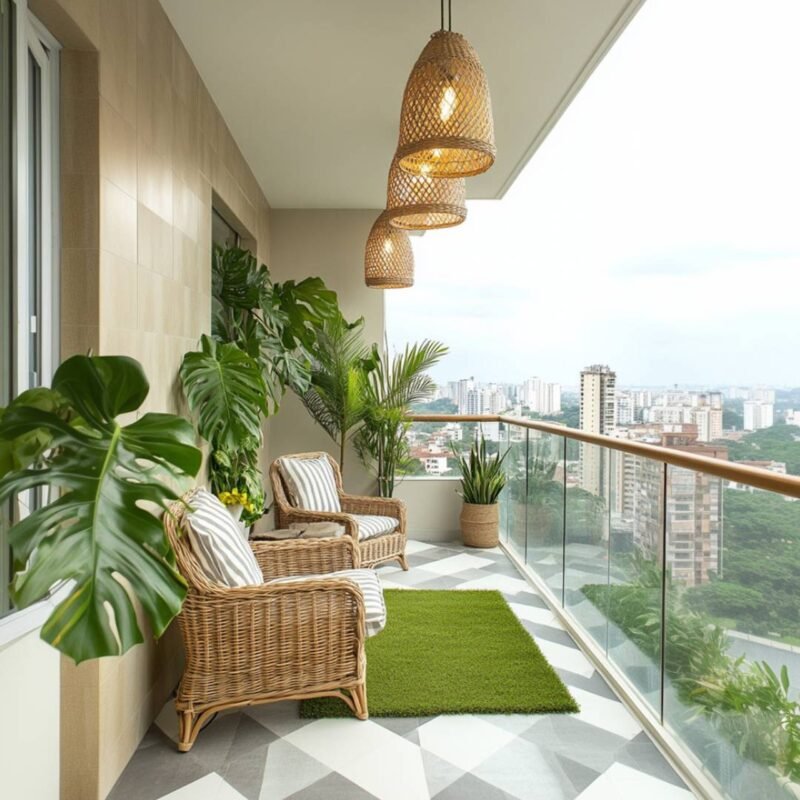 Scandinavian Balcony Design with Wooden Grooved Panel Wall