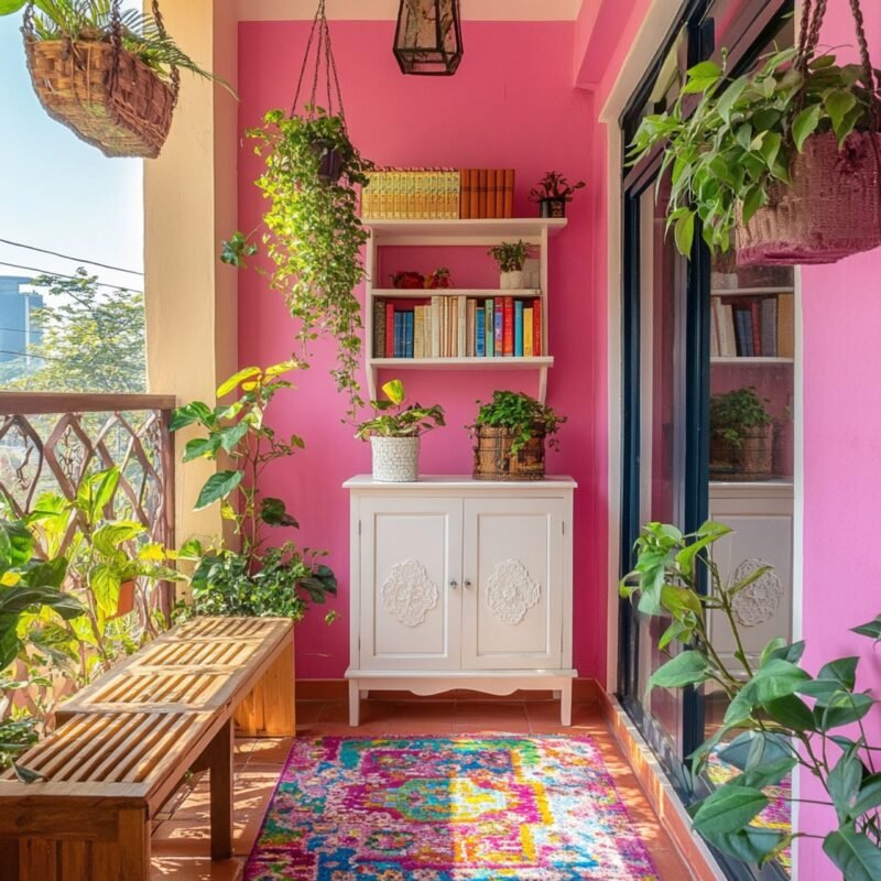 Bohemian Balcony Design With Pink Wall, Books, and Plants
