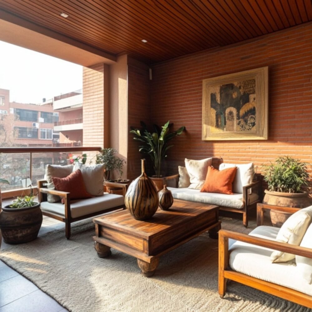 Indian Traditional Balcony Design with Brick Wall and Wooden Furniture