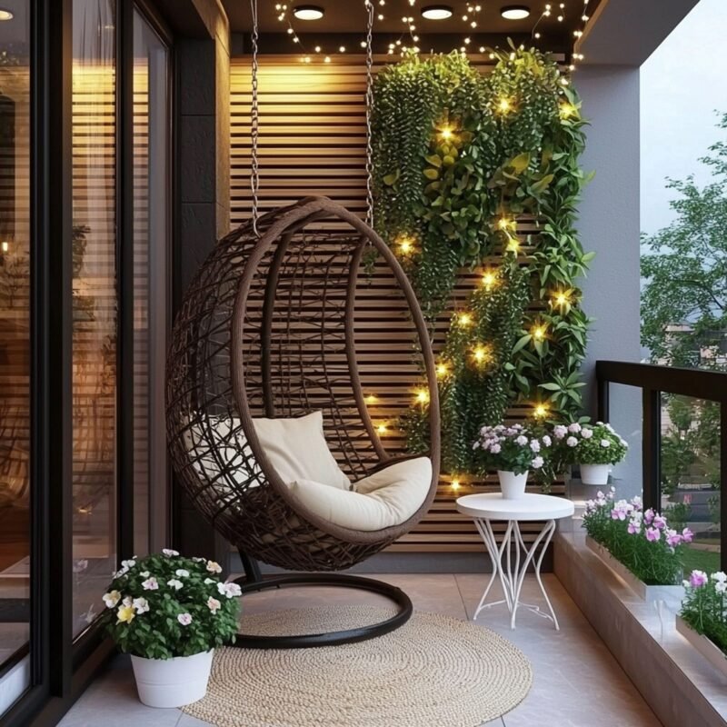 Modern Balcony Design With Egg Chair and Plant Wall