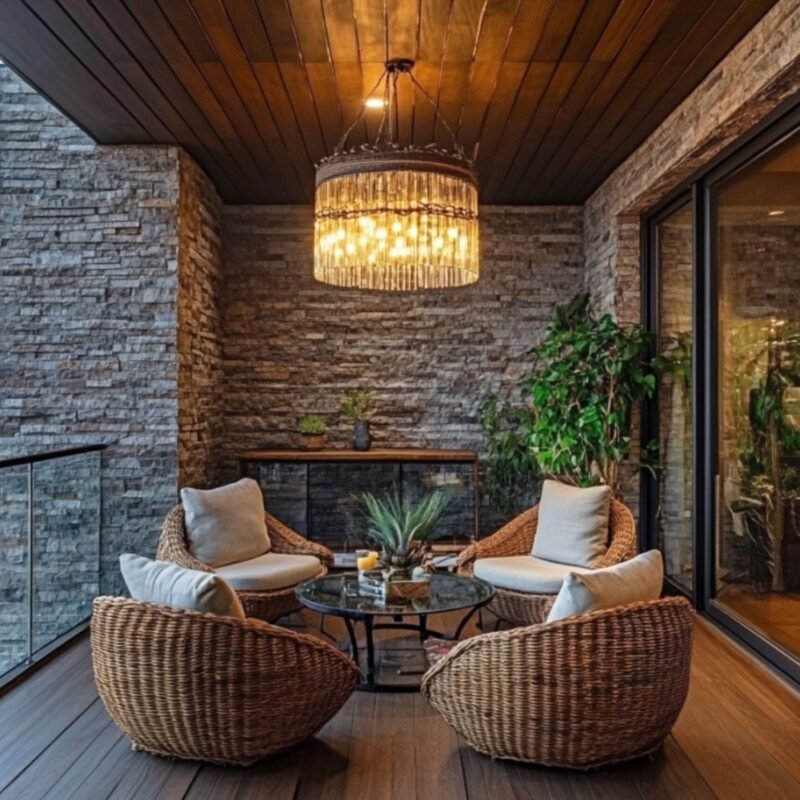 Rustic Balcony Design with Stacked Stone Wall and Warm Wood Accents