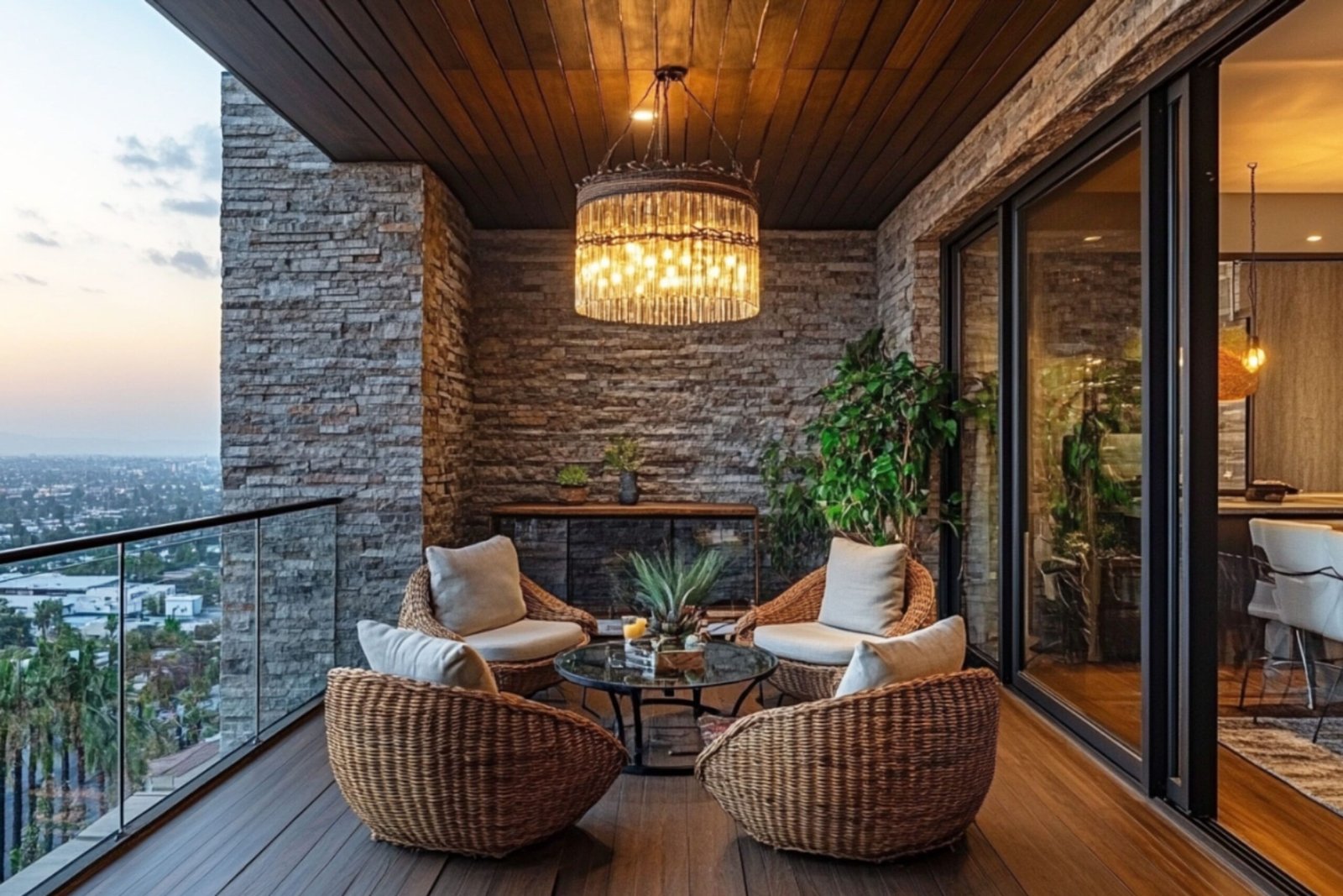 Rustic Balcony Design with Stacked Stone Wall and Warm Wood Accents