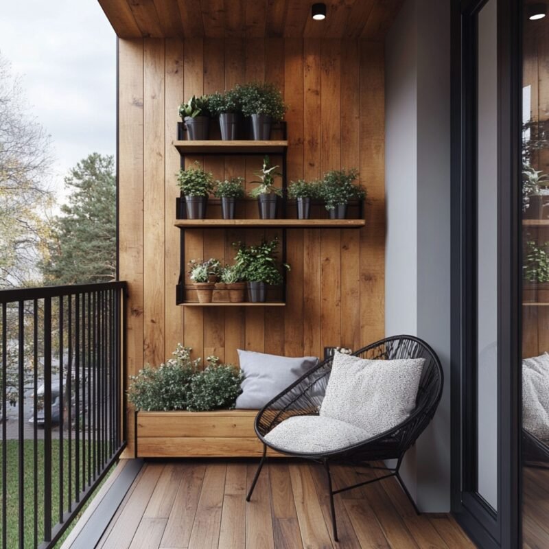 Modern Balcony Design With Wire Chair and Wooden Planters