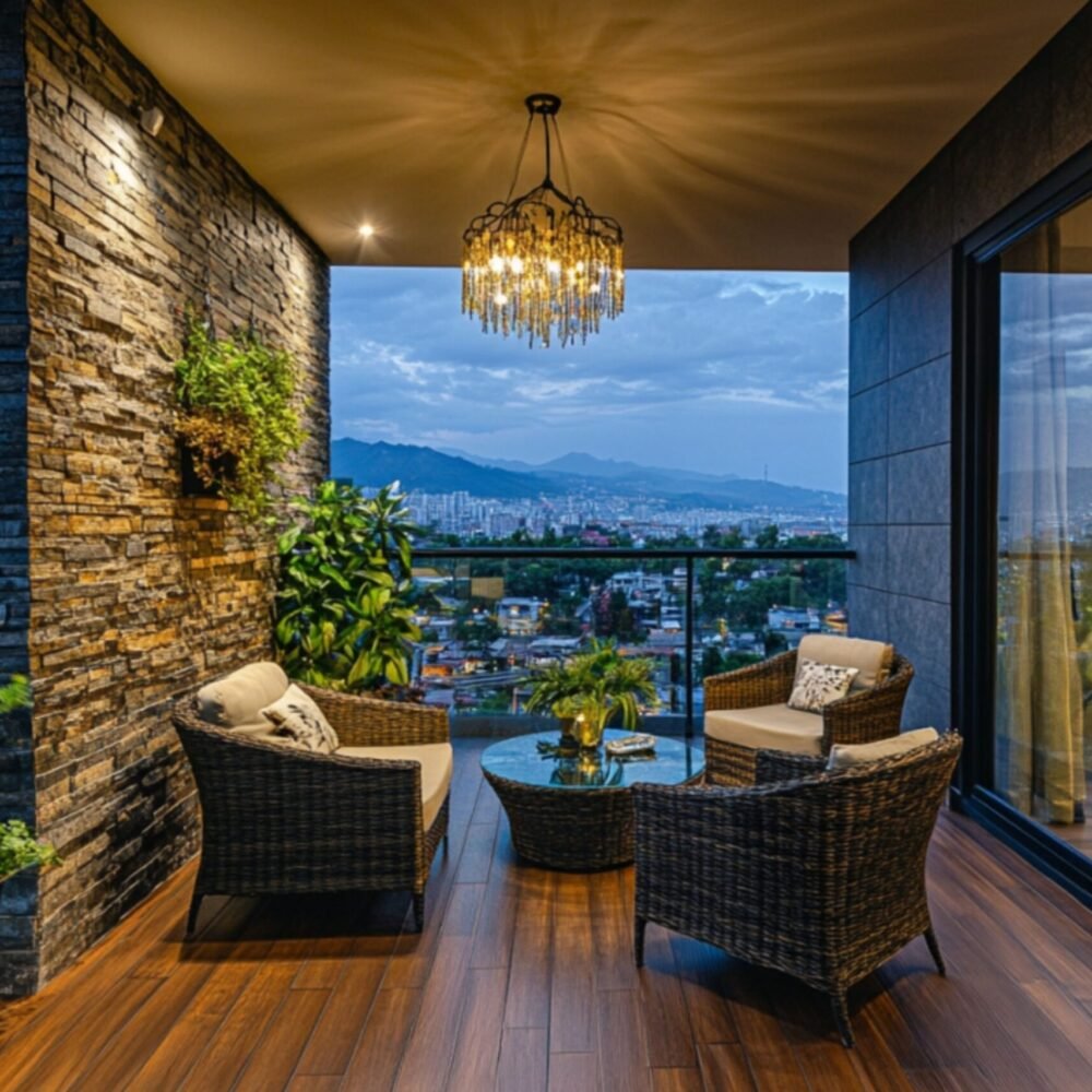 Rustic Balcony Design with Stone and Tile Walls