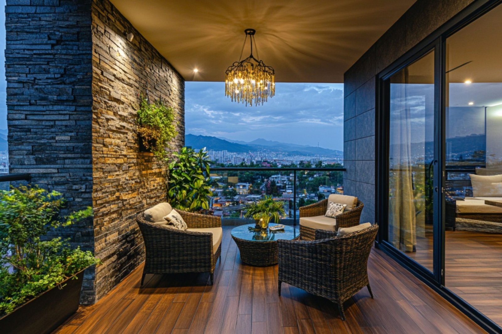 Rustic Balcony Design with Stone and Tile Walls
