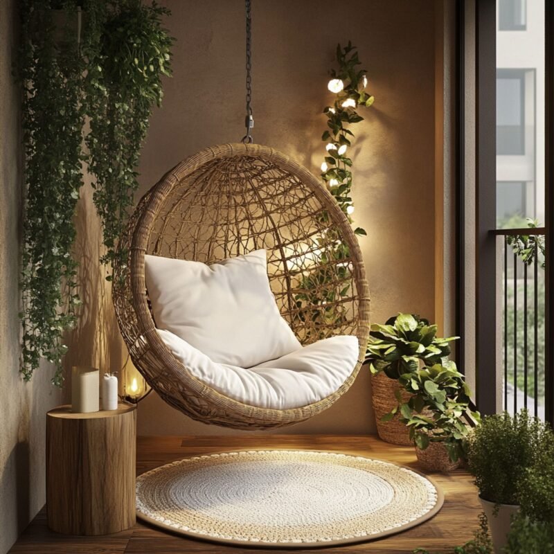 Boho Balcony Design With Hanging Chair and Woven Rug