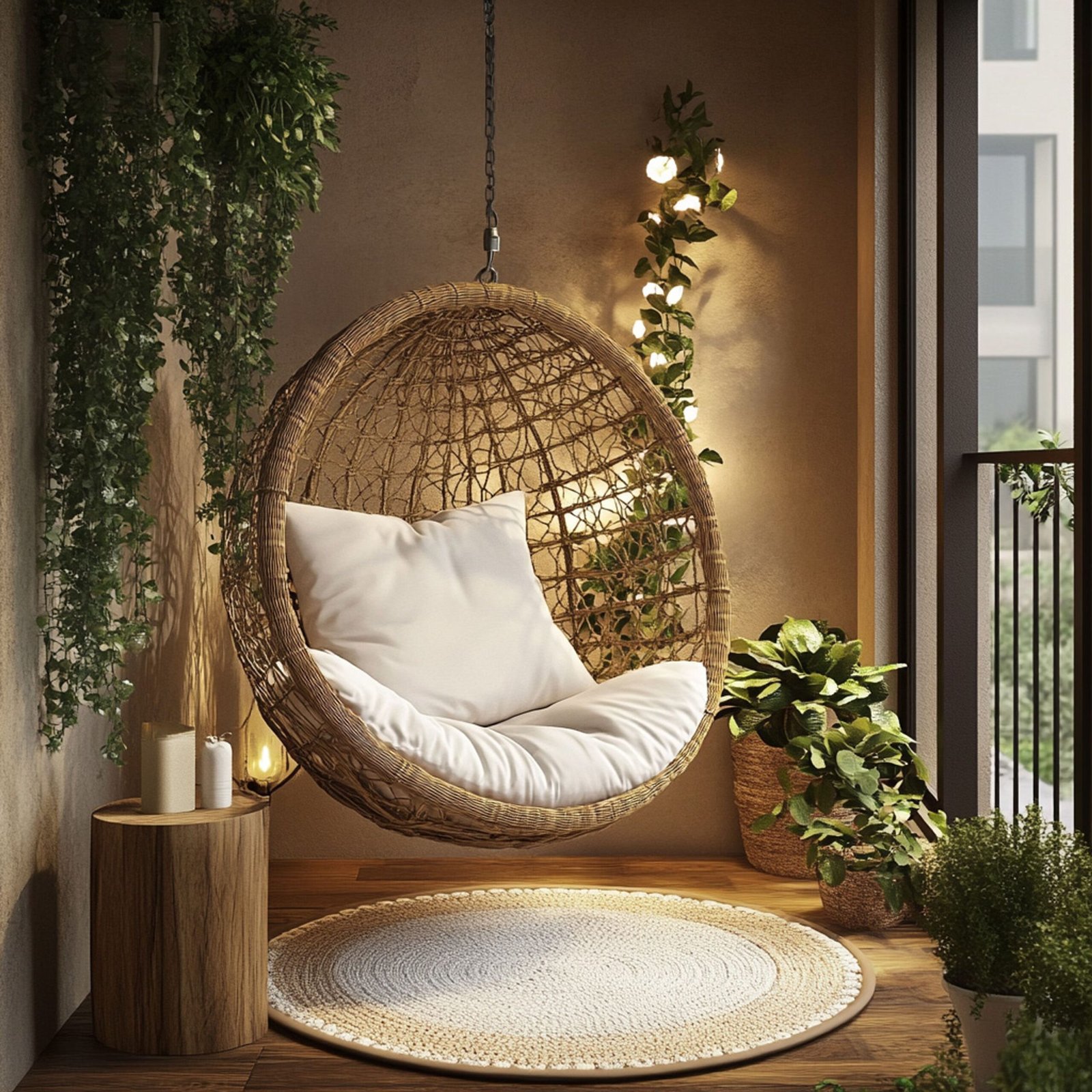 Boho Balcony Design With Hanging Chair and Woven Rug