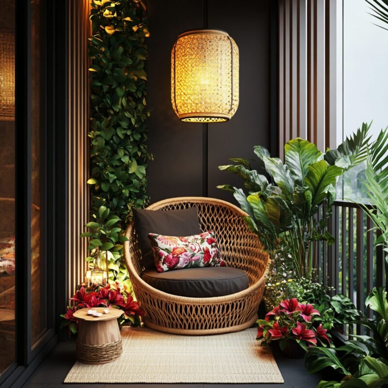 Contemporary Balcony Design With Hanging Chair and Woven Rug