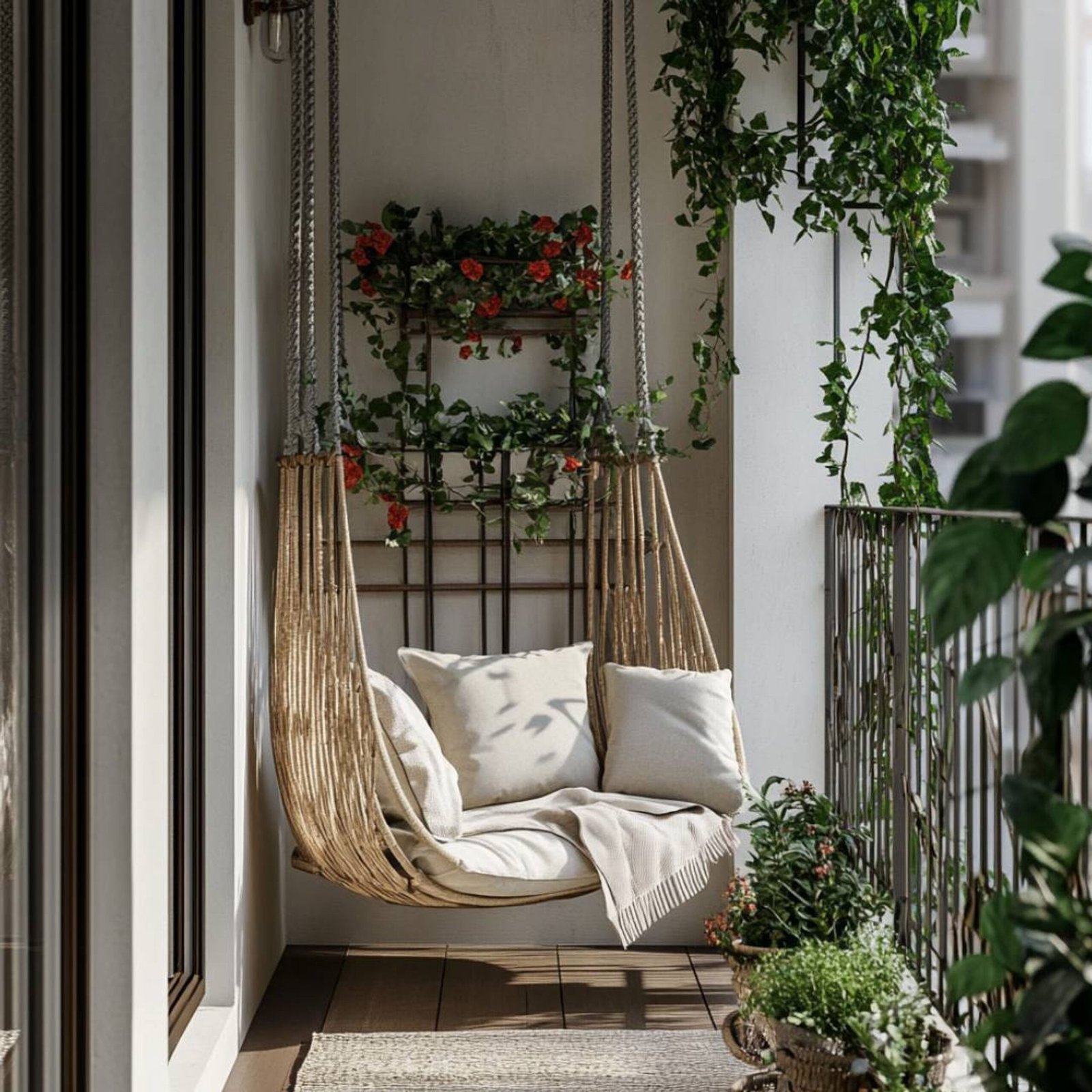 Scandinavian Balcony Design with White Painted Wooden Panel Accent