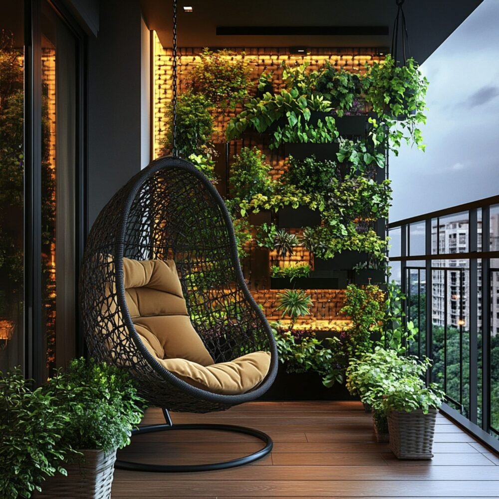 Tropical Balcony Design with Vertical Garden and Hanging Chair