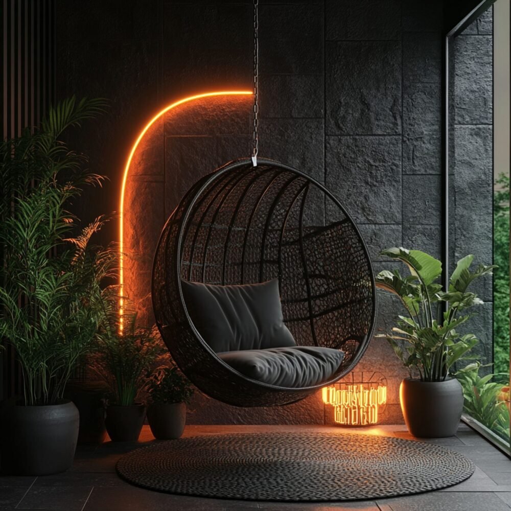 Modern Balcony Design with Textured Stone Wall and Hanging Egg Chair