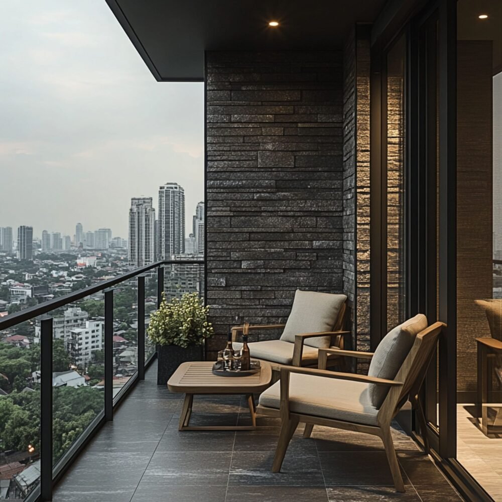 Contemporary Balcony Design with Textured Stone Cladding on the Wall