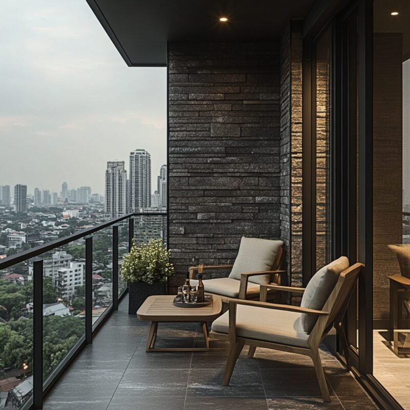 Contemporary Balcony Design with Textured Stone Cladding on the Wall